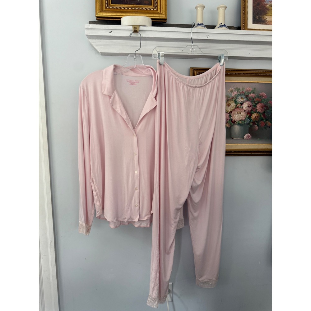 Victoria's Secret Pink Modal  Lace Pajama‎ Set Long Sleeve Pants L